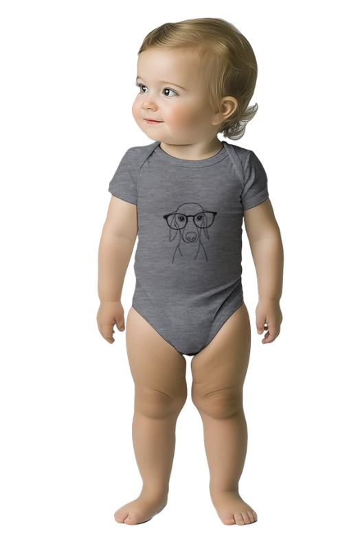 Baby wearing a grey personalized dog line art bodysuit with minimalist black pet illustration, custom design printed on baby onesie.