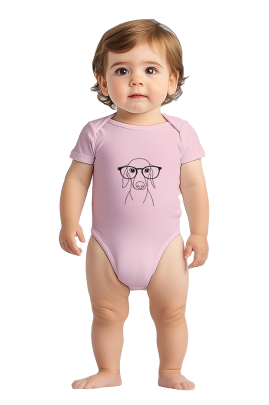 Baby wearing a pink personalized dog line art bodysuit featuring a minimalist black pet illustration printed on a baby onesie.