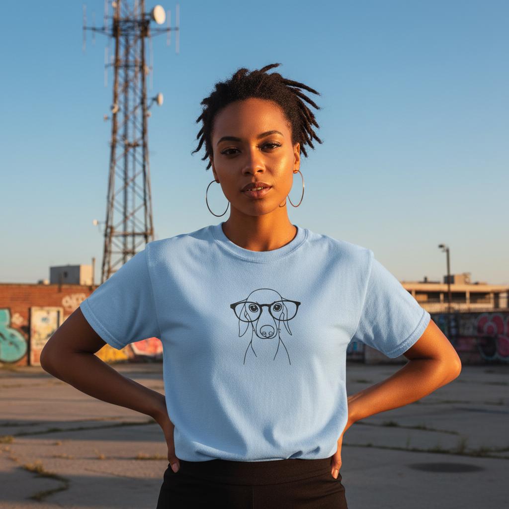 Woman wearing a light blue personalized dog line art t-shirt outdoors in an urban setting, featuring a minimalist custom pet illustration on the front.